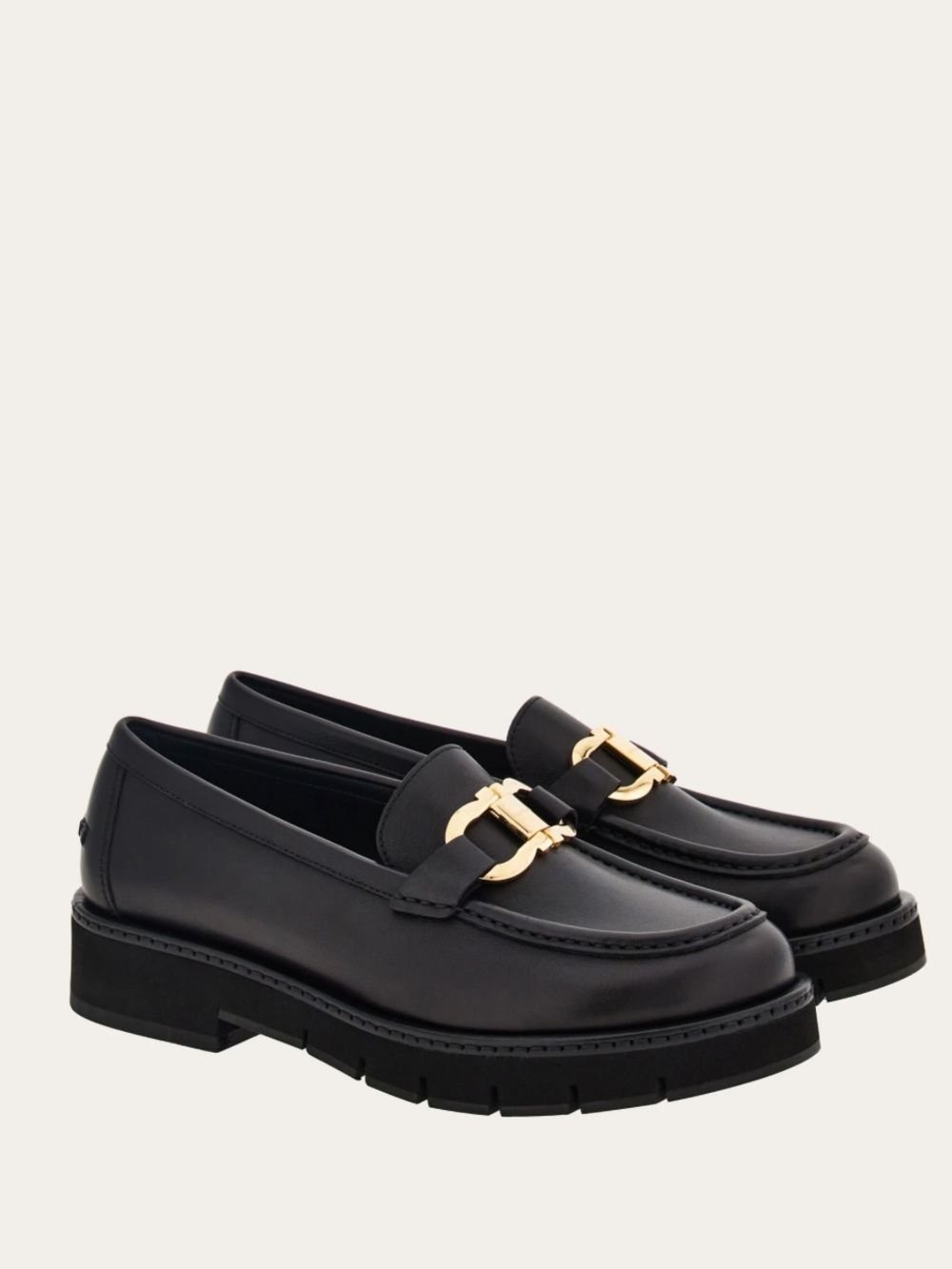 Salvatore Ferragamo Black Leather Chunky Loafers w/ Gancini Ornament. New!